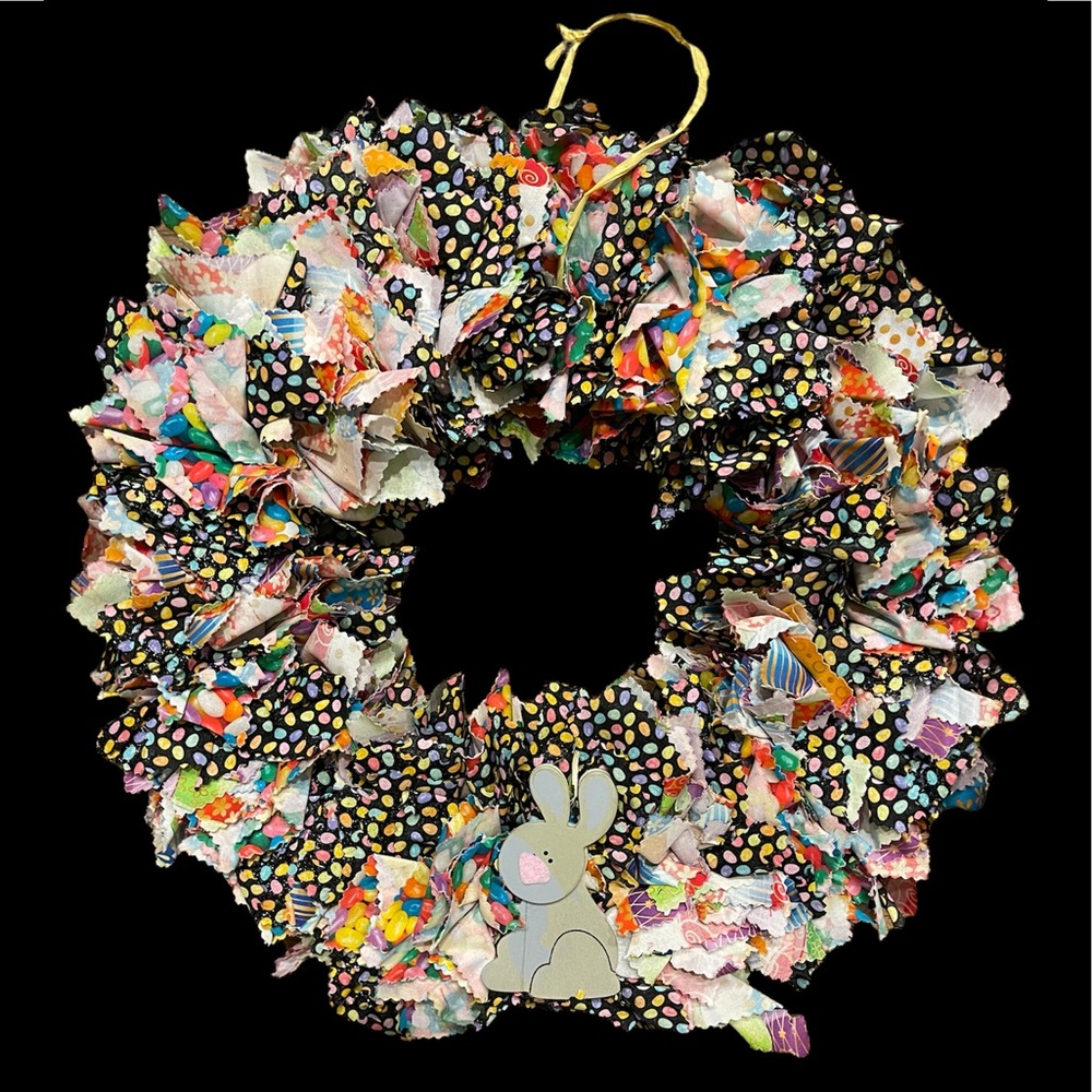 Easter Bunny Wreath - Fabric is Multi-color Pastels, Jelly Beans & Easter Eggs